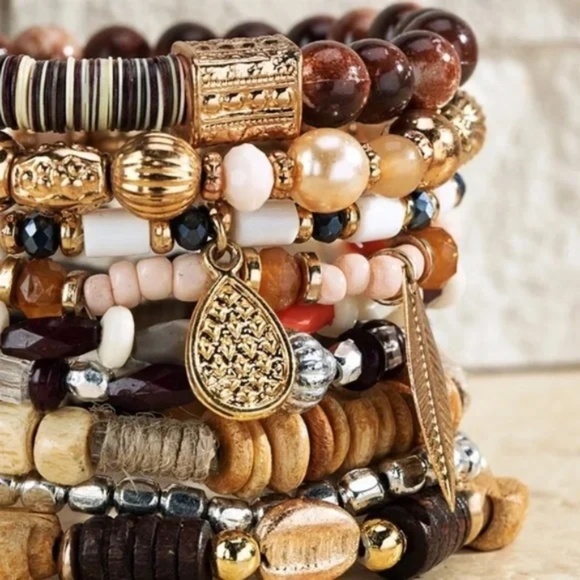 Coconut Mixed Beads Wood Metal Glass Stretch Stackable Bracelet Set w/ Leaf - Picture 2 of 3